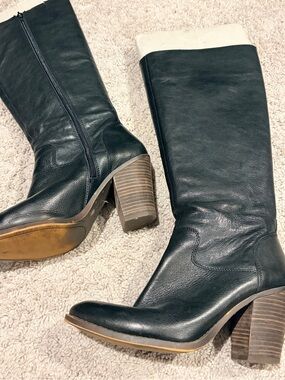Lucky Brand Black Leather Mid-Calf Block Heel Boots